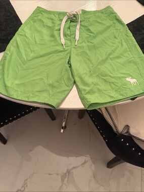 Abercrombie & Fitch Lime Green Men's Swim Trunks with White Drawcord.